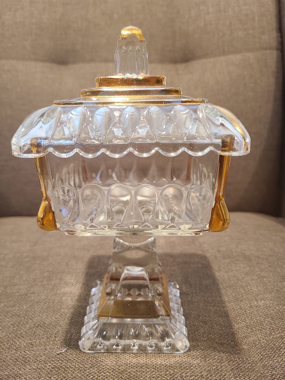 Vintage Jeannette Glass Square Covered Pedestal Candy Dish Wedding Box Gold Trim